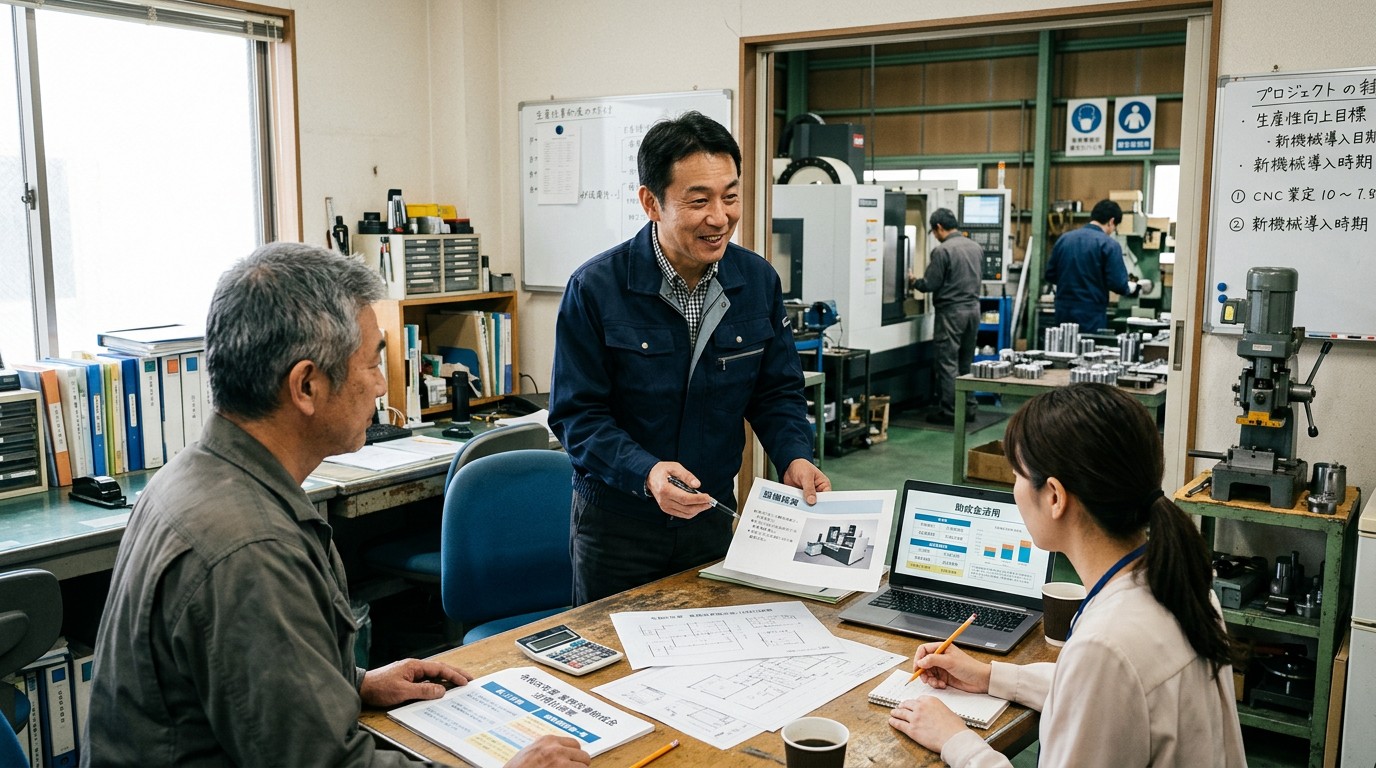 賃金台帳を確認しながら賃上げを検討する経営者