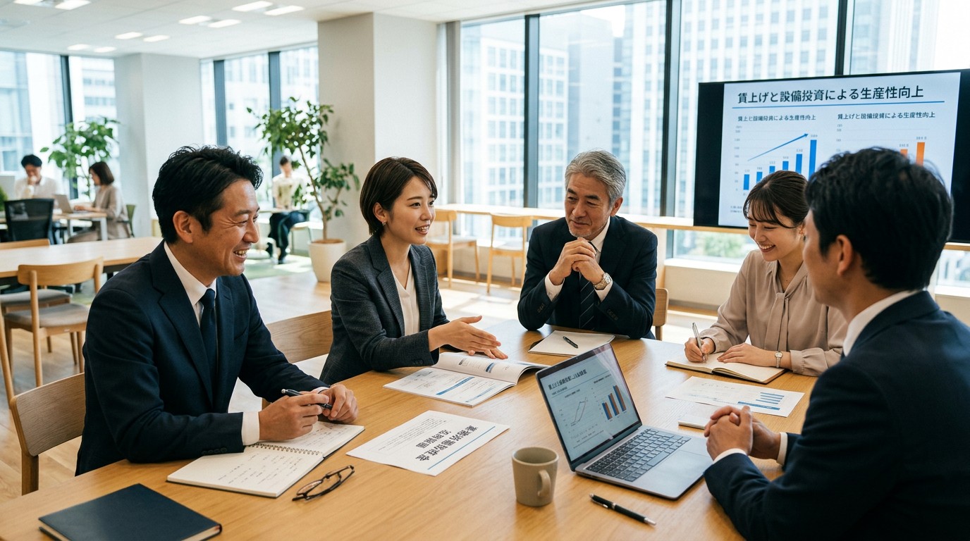 賃上げと設備投資の効果を検討する打ち合わせ