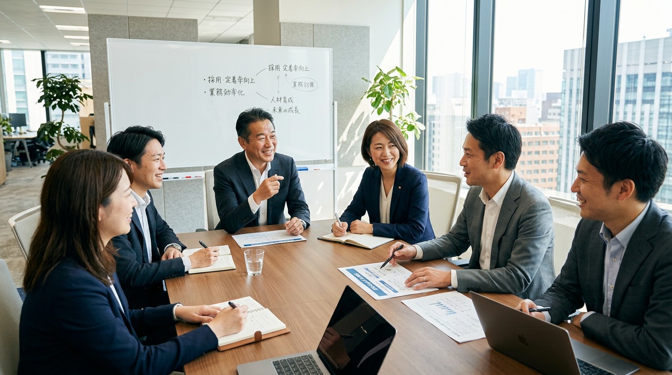 人手不足倒産を回避する5つの打ち手を検討する経営チームのイメージ