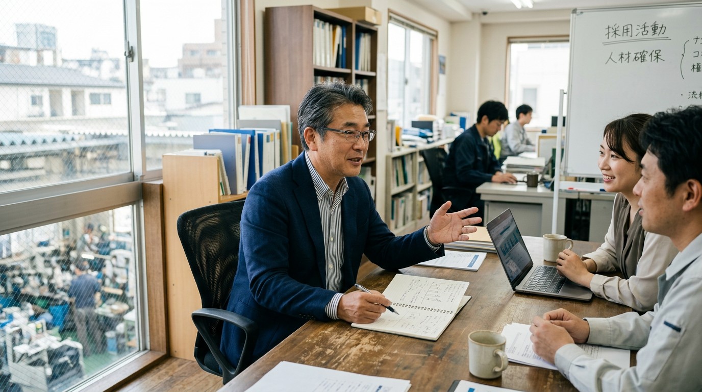 人手不足に悩む中小企業の経営者が打ち手を検討している場面