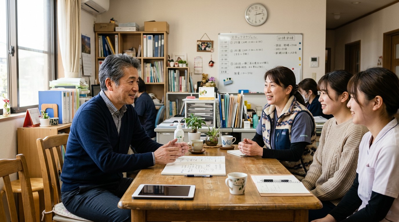 介護施設で利用者を支援する介護職員と人手不足の現場