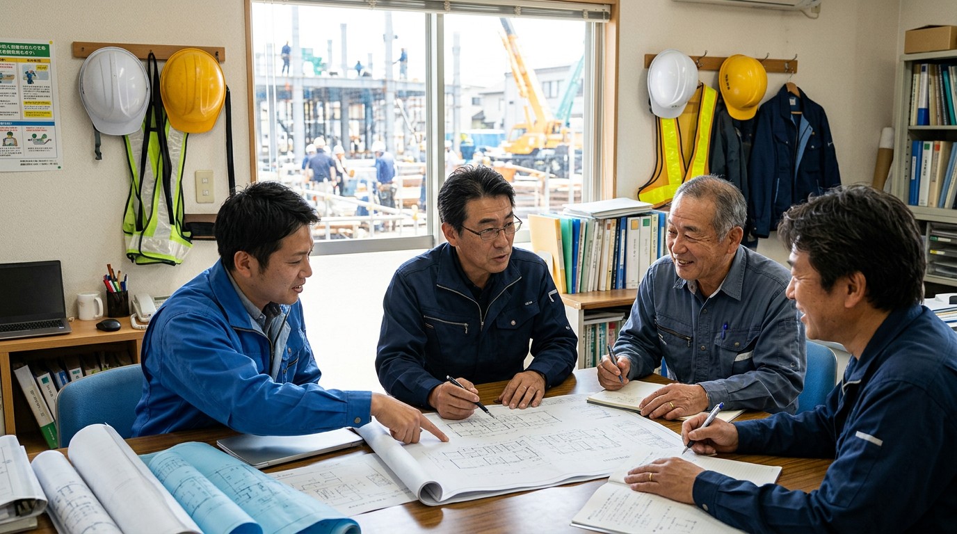 建設現場で作業する職人と人手不足に悩む工務店の経営者