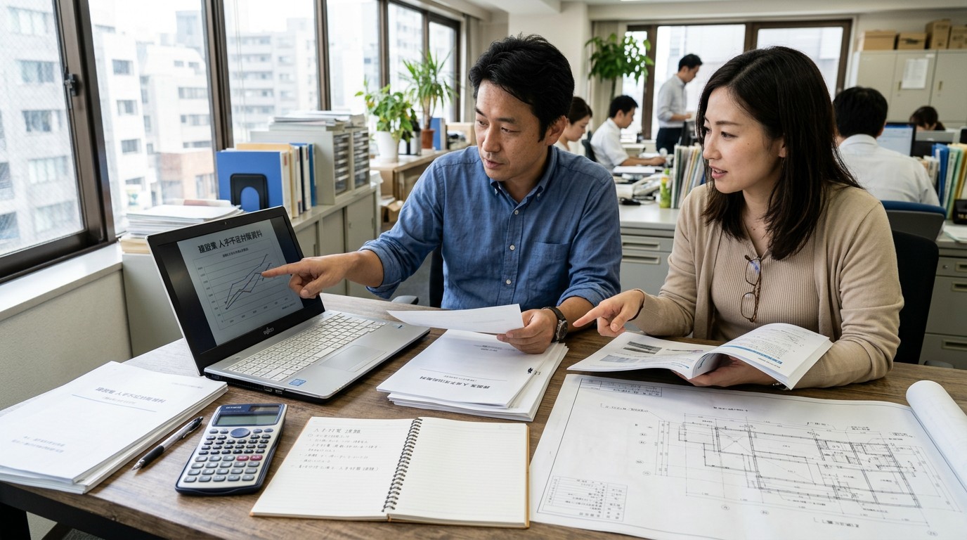 鉄筋工や型枠大工など職種別の人手不足を示すイメージ