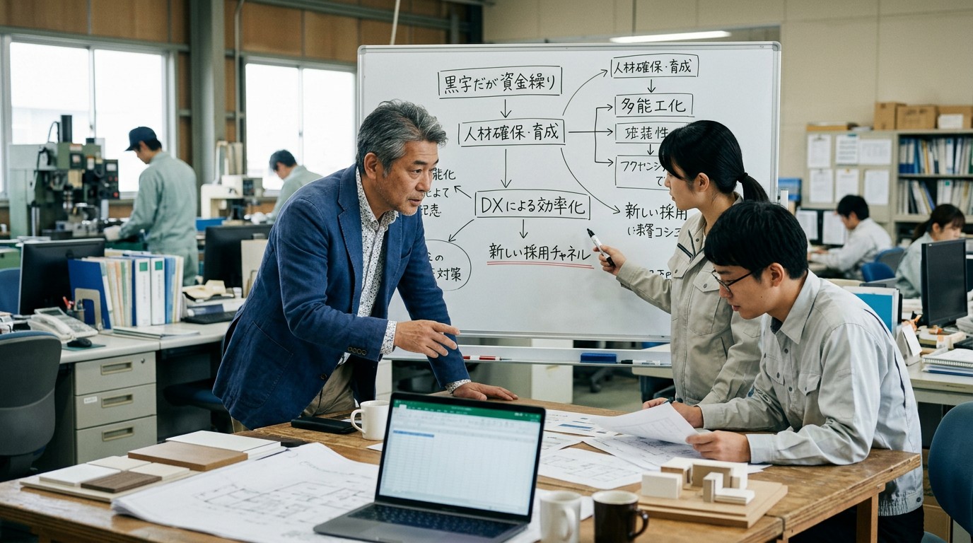 黒字の決算書を前に資金繰りに悩む中小企業経営者のイメージ