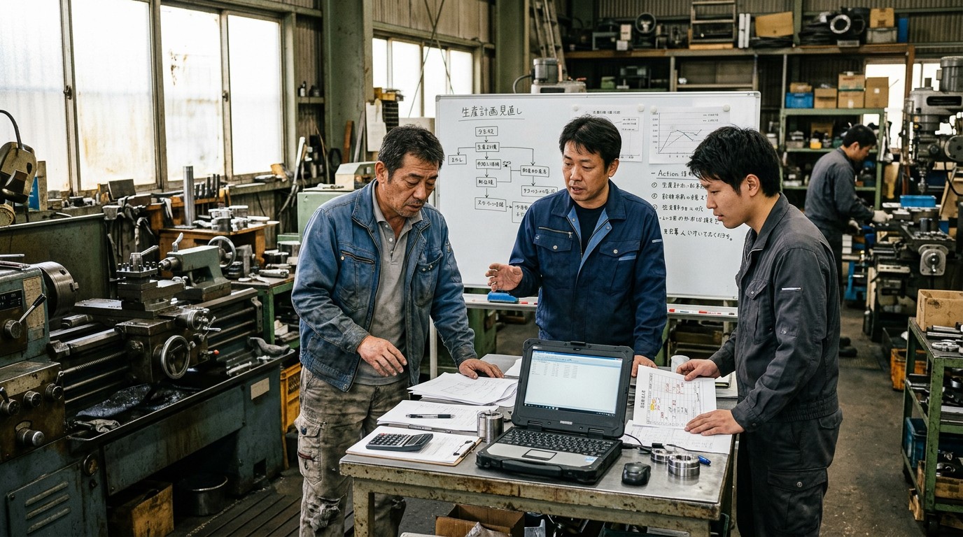 立て直しのステップを順を追って実行する経営チームのイメージ