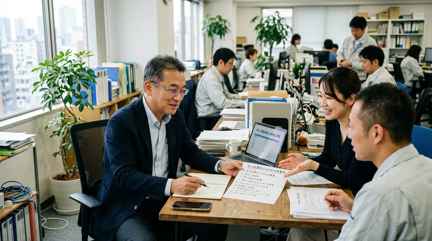 応募が来ない求人の原因を分析する中小企業の担当者のイメージ