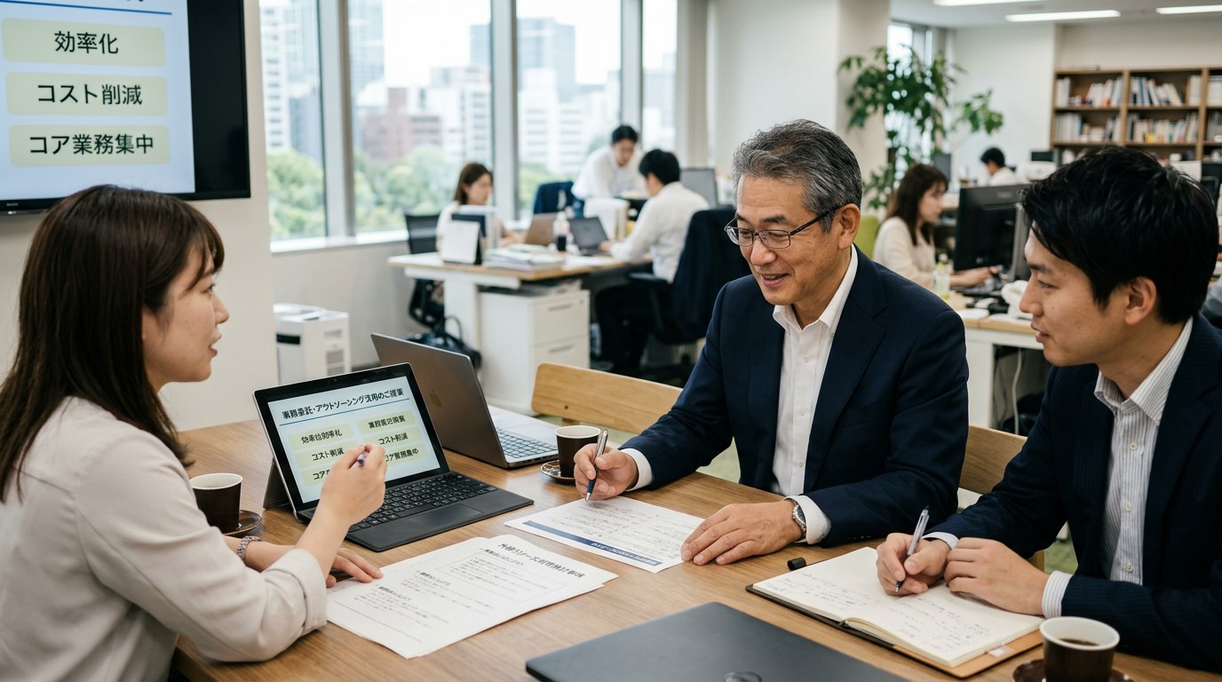 アウトソーシングを活用する中小企業の打ち合わせ