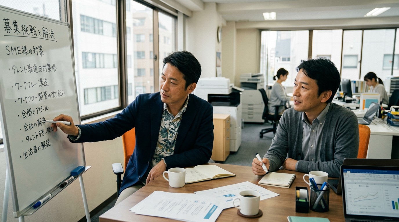 求人への応募が集まらず悩む中小企業の経営者のイメージ