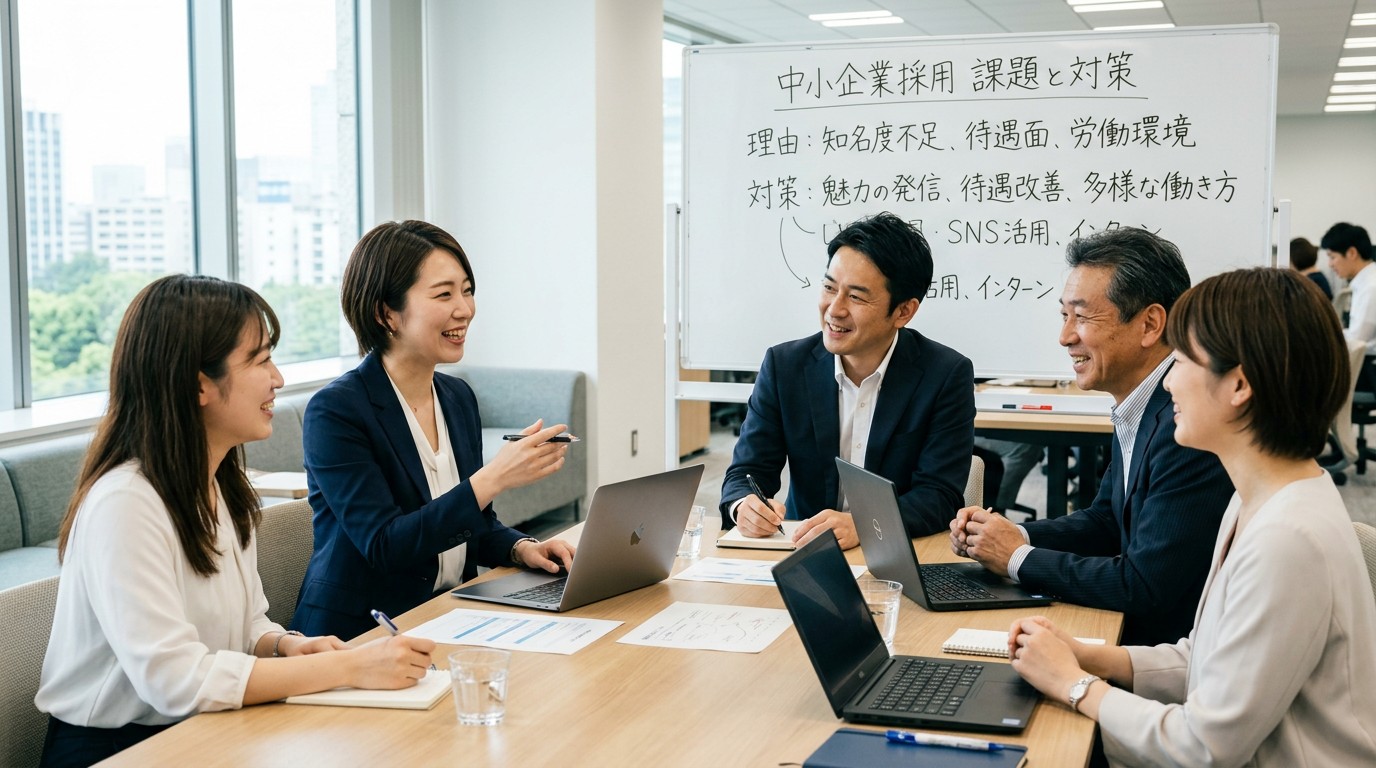 採用を改善する5つの打ち手を検討する経営チームのイメージ
