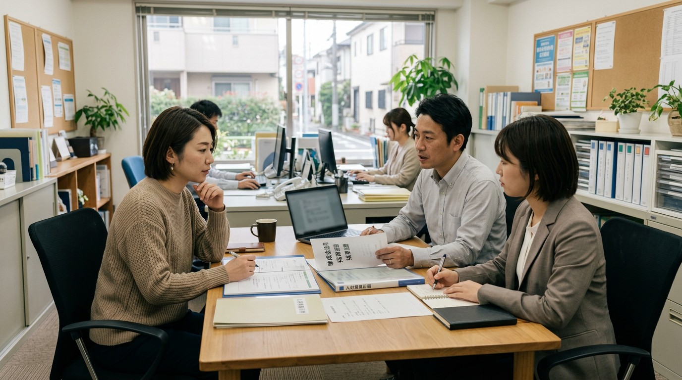 助成金の対象になるかどうかを検討する中小企業のイメージ