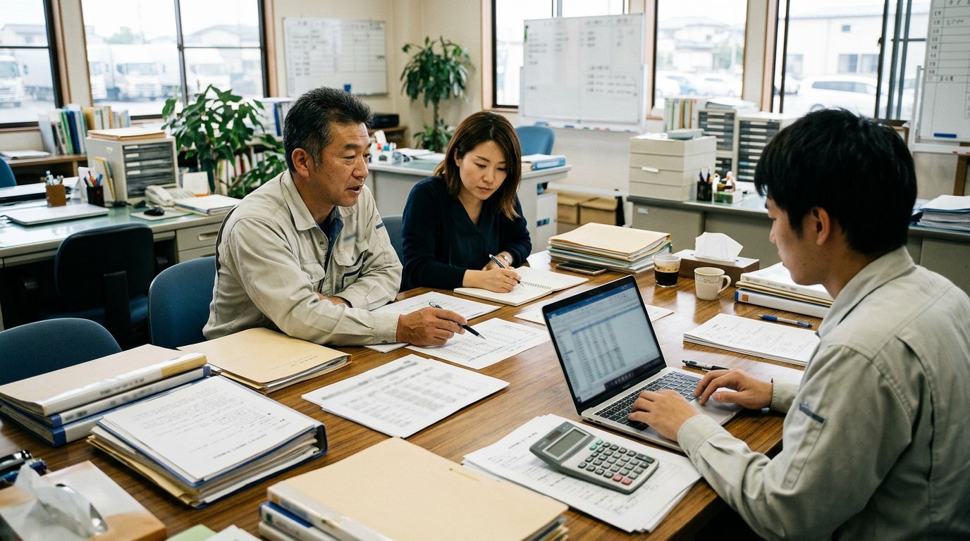 トラックドライバーの高齢化と若手不足を示すイメージ